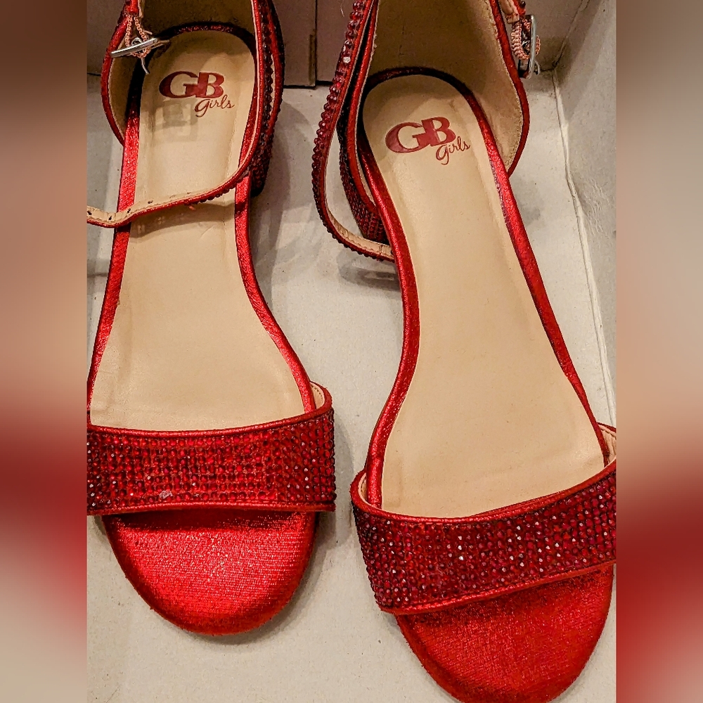 Red Bejeweled Strappy Mini Heels (Size 1M)
